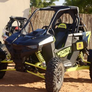 Black and yellow Monster Experience Polaris rzr 1000cc 1 seater ready for a dune buggy adventure in Dubai desert
