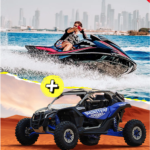 Monster Experience branded dune buggy in Dubai desert and Jet Ski riding waves with Burj Khalifa in the background