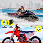 KTM Dirt bike parked in Dubai desert sand with Jet ski riding through waves with Burj Khalifa in background