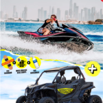 Monster Experience dune buggy parked on a sand dune in Dubai desert with Jet ski riding a wave with Burj Khalifa in the background