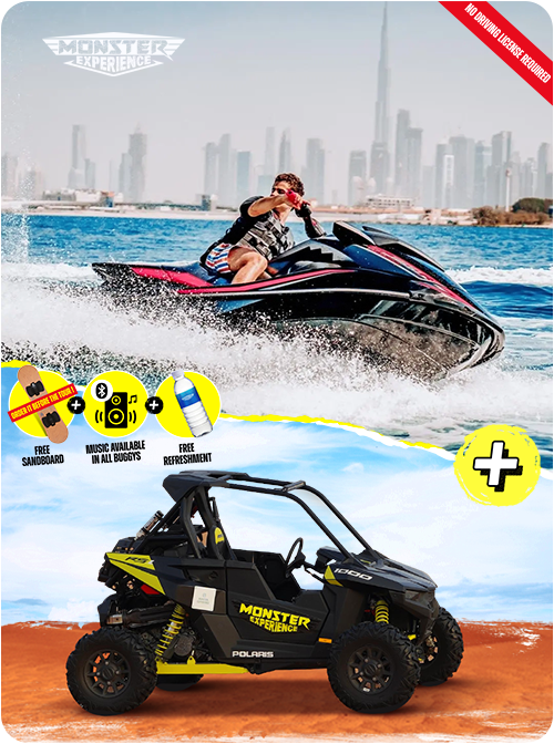 Monster experience branded 1 seater Polaris ATV parked in Dubai desert sand dunes with Jet ski riding waves with Burj Khalifa in background