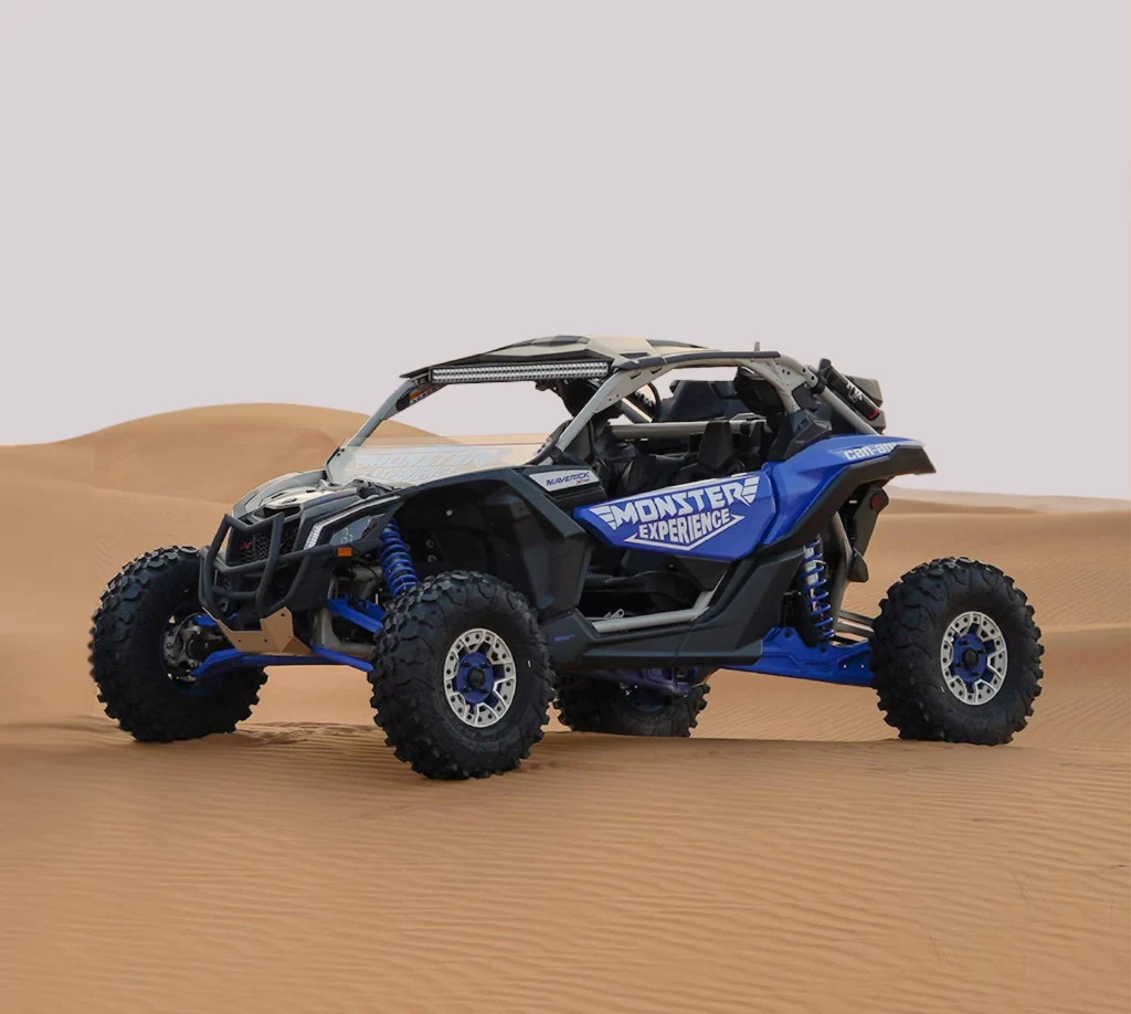 blue color buggy in desert. blue color canam maverick x3 turbo 2 seater in desert.