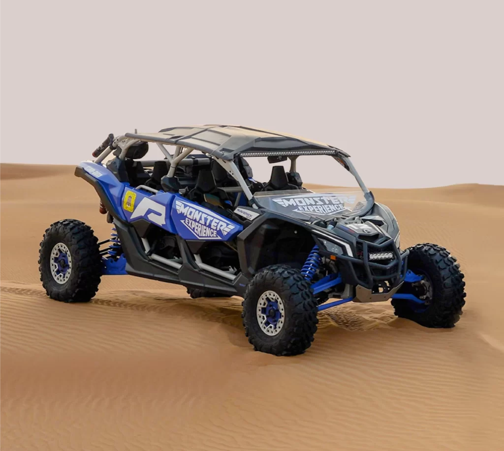 Blue color dune buggy in desert. blue can am maverick x3 turbo 4 seater in desert